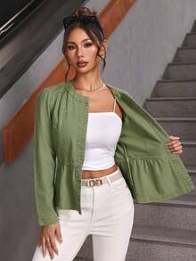 SHEIN PETITE Women's Solid Color Minimalist Everyday Button Decor Long Sleeve Denim Jacket Outerwear