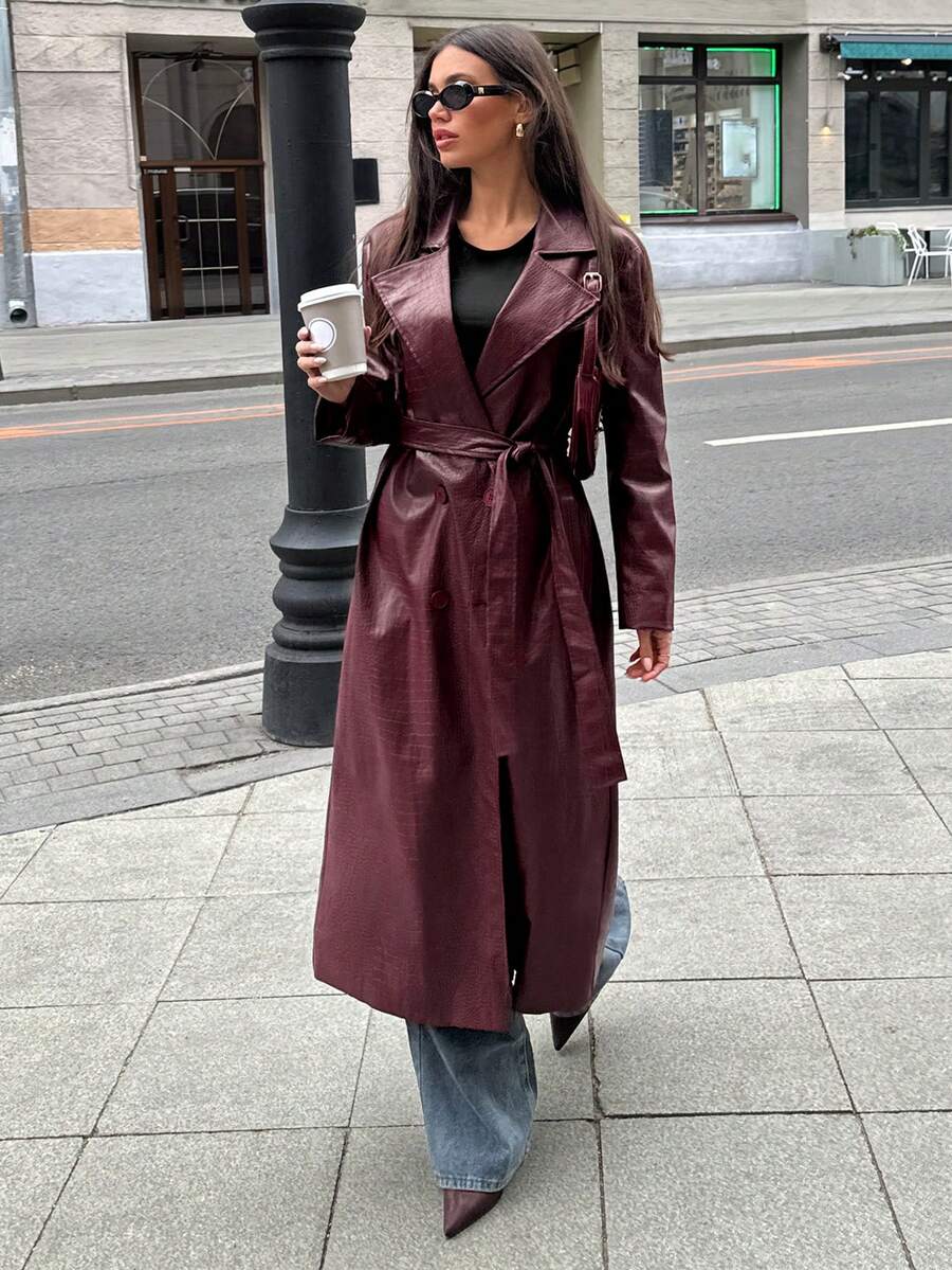 Aloruh Anker 红色 PU 风衣，休闲长款外套，适合秋冬季通勤、秋季穿着，女士冬季外套，万圣节服装，圣诞节，新年，外出，时尚女士风衣，酒红色风衣，酒红色大衣，复古风格，Ancora