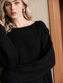 Uhlyne Solid Color Minimalist Crew Neck Long Sleeve Sweater, Elegant Casual High-End Vintage Style, Handcrafted Crochet Details, Women Knit Pullover Suitable For Daily Commute, Holidays, Parties - Black - View 5