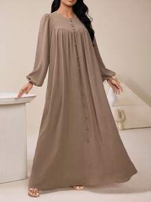 Veilorie Women's Solid Color Round Neck Lantern Sleeve Button Design Loose Arabic Dress - Brown - View 5
