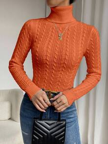 EMERY ROSE Women's Solid Color High Neck Regular Shoulder Long Sleeve Twist Knit Casual Fitted Pullover Sweater - Orange - View 6