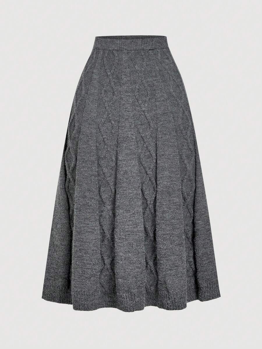 SHEIN MOD High Waist Cable Knit Coffee Color Versatile Skirt, Autumn/Winter,Cozy Fall And Winter Clothes For Women - Dark Grey - View 1