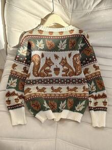 Franclia 新款叶子和松鼠图案圆领长袖套头毛衣 - 軍綠色 - 查看 2