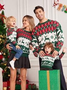 SHEIN 4 件圣诞格子绿色毛衣，男女通用婴儿冬季服装，家庭装妈妈和我 - 彩色 - 查看 5