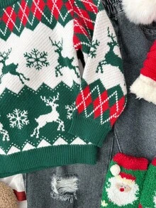 SHEIN Áo len len dài tay cổ tròn họa tiết bông tuyết và nai sừng tấm hoạt hình, dễ thương, thoải mái, thời trang cho bé trai, phong cách sinh viên, giản dị, cơ bản, siêu mềm mại và thoải mái, phù hợp cho bé gái khi trở lại trường vào mùa thu đông. - Nhiều màu - Xem 8
