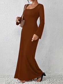 Xyvia 优雅收腰方领长袖 Relaxiva 纯色系带后背超长连衣裙，长款修身连衣裙，女式波西米亚/节日长裙。适合约会、工作、度假、休闲装、时尚/节日/音乐节/德比礼服/万圣节/长款舞会礼服/非洲风格女式连衣裙 - 鏽棕色 - 查看 3