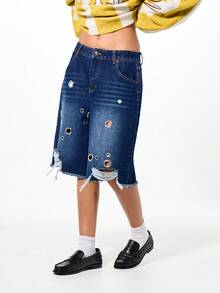 SUMWON WOMEN 破洞牛仔短裤，带孔眼细节，磨损下摆，休闲夏季百慕大风格高腰牛仔短裤，节日时尚 - 藏蓝色 - 查看 5