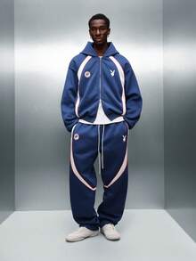PLAYBOY X SUMWON Bunny Wide Leg Navy Sweatpants With Contrast Stripe Detail Casual Drawstring Joggers - Blue and White - View 3