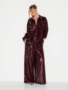 KIZN Áo sơ mi tay dài đính sequin Burgundy cỡ lớn cài nút, áo dự tiệc lấp lánh, áo sơ mi quyến rũ cho buổi tối ngày lễ - Màu Đỏ Sâu - Xem 5
