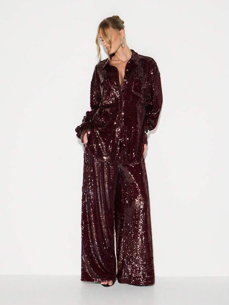 KIZN Sequin Oversized Button Down Blouse With Long Sleeves