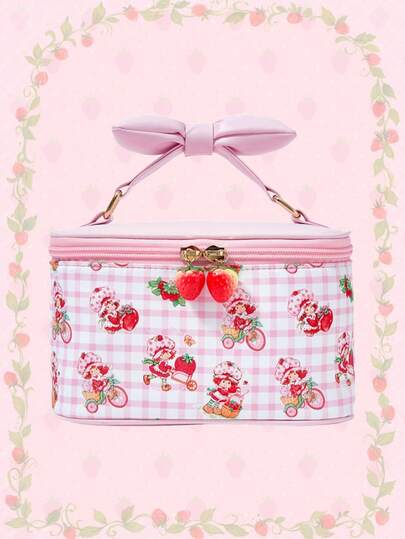 Women's Cute Cartoon Pattern Padded Bow Handheld Portable Cosmetic Bag