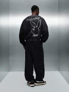 PLAYBOY X SUMWON 超大落肩圆领运动衫，兔子标志印花，休闲街头风 - 黑色 - 查看 7