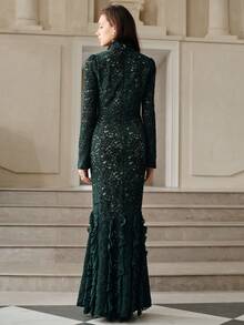 Anewsta Savoree Romantic Elegant High Neck High Waist Fitted Lace Dress, Suitable For Formal Occasions, Winter, Fall - Green - View 5