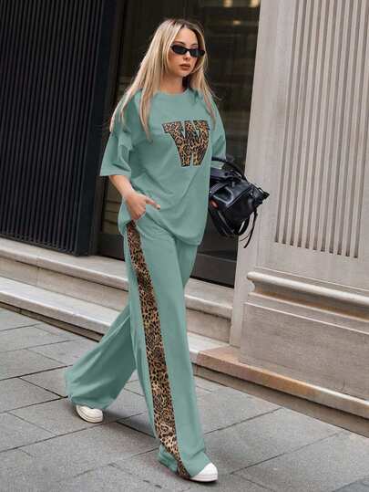 Plus Size Solid Color Leopard Patch Detailed Short Sleeve Drop Shoulder Top T-Shirt And Side Leopard Panel Detailed Wide Leg Sweatpants 2piece Outfits Co Ords Weekend Outfit Relax Comfy Leisure