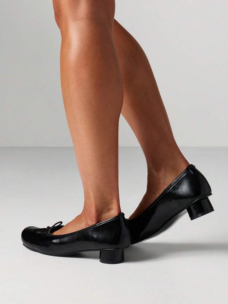 MISSGUIDED Elegant Low Block Heel Ballet Pumps With Bow Detail Square Toe Slip On Dress Shoes For Office Work Business Professional Formal Occasions