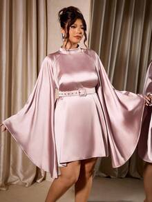 Cravure Plus Size Women's Stand Collar Raglan Raglan Sleeve Sleeve A-Line Dress With Detachable Belt, Party Wear - Dusty Pink - View 5