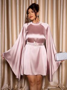 Cravure Plus Size Women's Stand Collar Raglan Raglan Sleeve Sleeve A-Line Dress With Detachable Belt, Party Wear - Dusty Pink - View 7