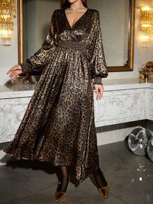 SHEIN LUNE 大码秋季服装全印花褶皱豹纹长袖连衣裙/秋季连衣裙/秋季女装秋季婚礼宾客连衣裙优雅女士连衣裙商务休闲女士工作连衣裙商务连衣裙 - 彩色 - 查看 3