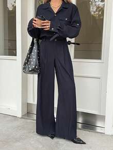 DAZY 女士街头风时尚长袖纽扣连体裤 - 藍色 - 查看 3