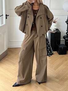 DAZY 女士纯色简约长袖外套和裤子两件套，休闲日常家居服套装 - 卡其色 - 查看 3