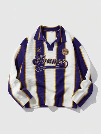 Pull tricoté à col style football rétro preppy pour hommes, style streetwear, automne/hiver