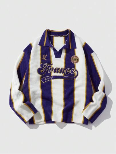 Men's Retro Preppy Football Inspired Collared Knit Sweater, Streetwear Style, Fall/Winter