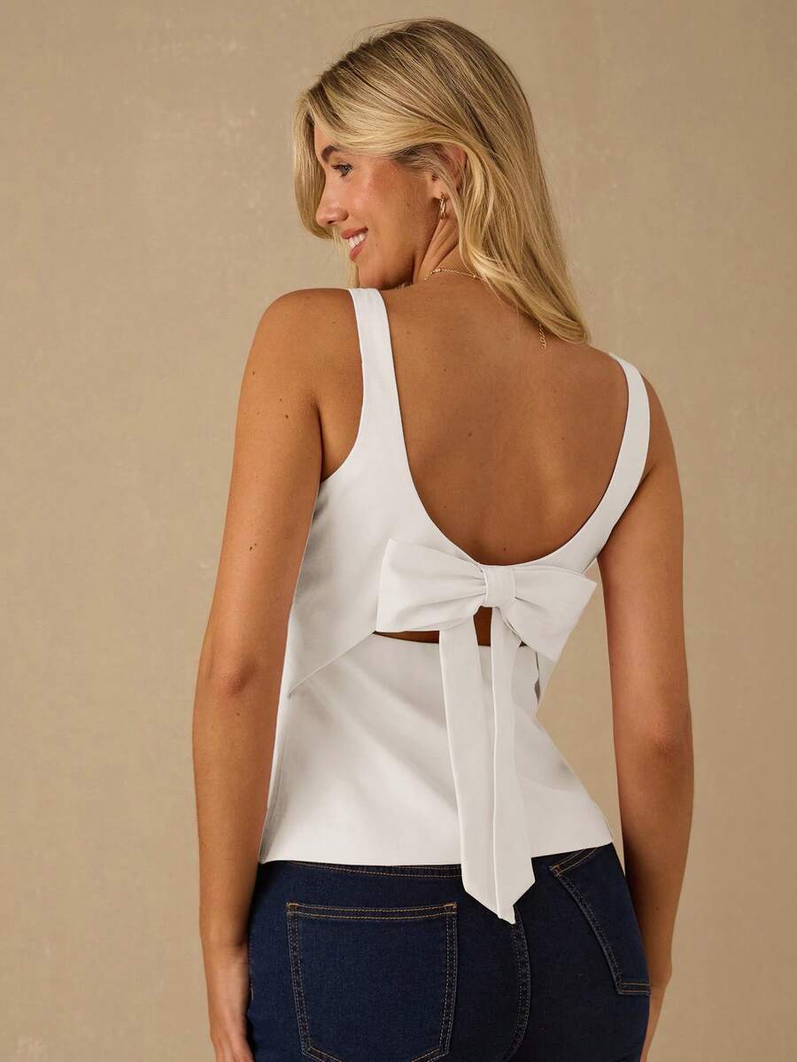 Enchnt Fall/Winter Romantic Women's Gorgeous Bowknot Back Top,Chic & Elegant & Fashionable For Party & Date & Holiday & Graduation & Going Out & Halloween & Christmas,Autumn,New Years - White - View 1