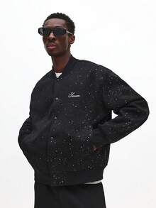 SUMWON 带扣运动夹克，带闪光饰面，闪亮飞行员棒球学院风外套 - 黑色 - 查看 3