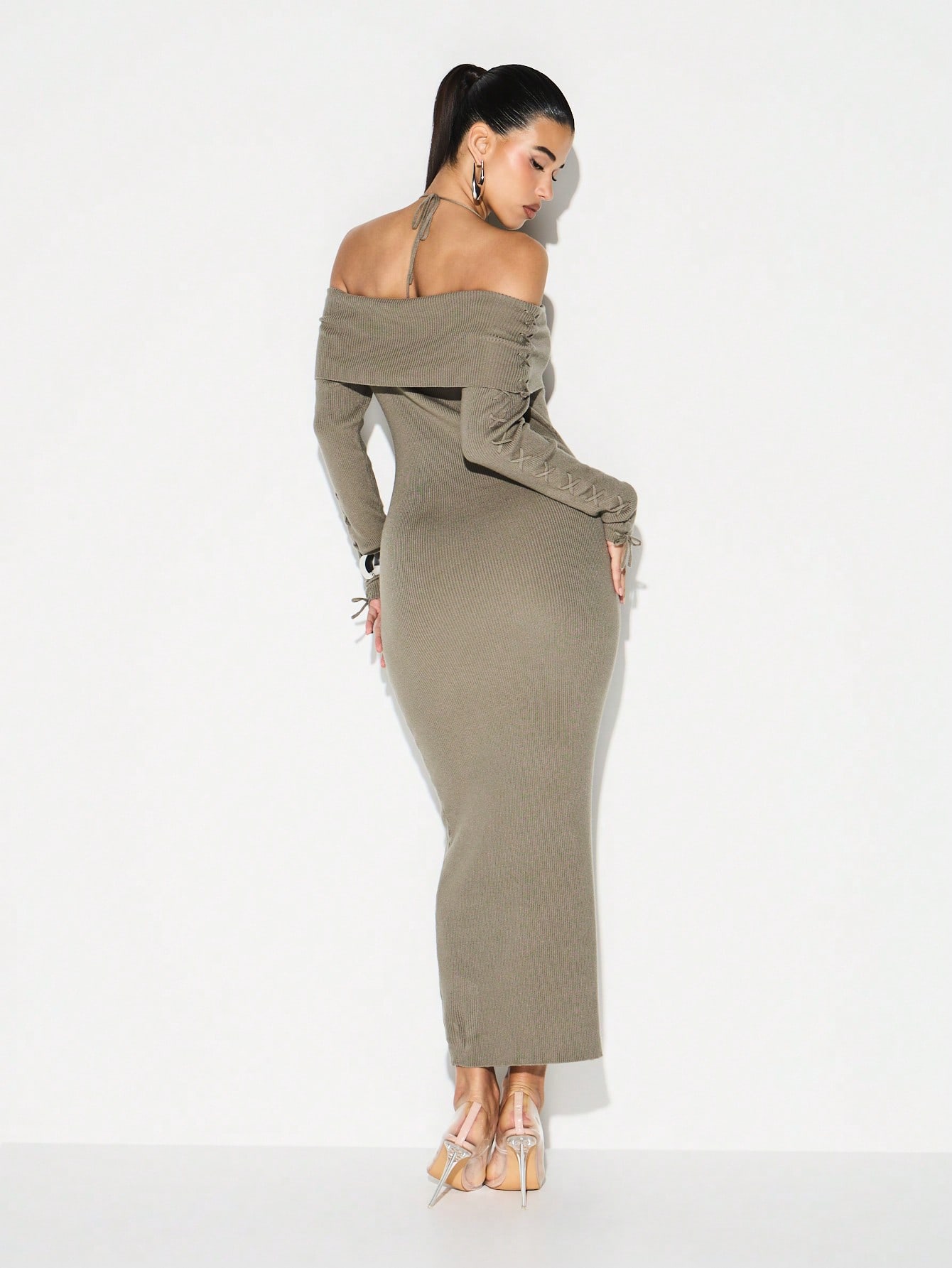 KIZN Off Shoulder Lace Up Ribbed Knit Dress
