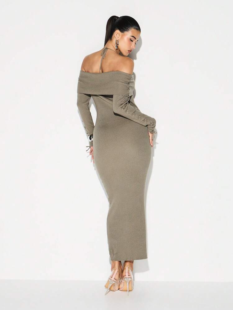 KIZN Schulterfreies, geripptes Strickkleid mit Schnürung