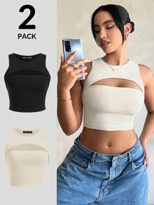 SHEIN SXY Women Solid Color Hollow Out Short Ribbed Slim Fit Tank Top - Multicolor - View 4