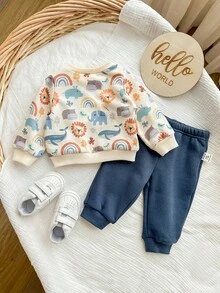 Newborn Baby Boy Cute Cartoon Pattern Long Sleeve Sweatshirt And Pants Set, Autumn/Winter - Multicolor - View 2