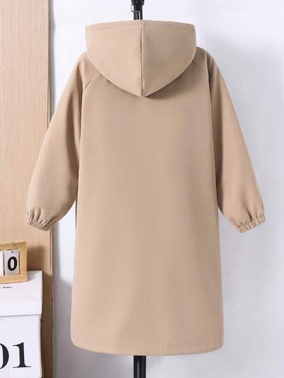 SHEIN 男童休闲保暖连帽中长款加厚梭织外套，适合上学、花园、生日、秋季、冬季穿着，男童长款外套，棕色上衣