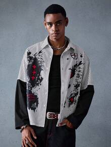 ROMWE MEN Goth 男士秋季时尚条纹拼布衬衫 - 彩色 - 查看 6