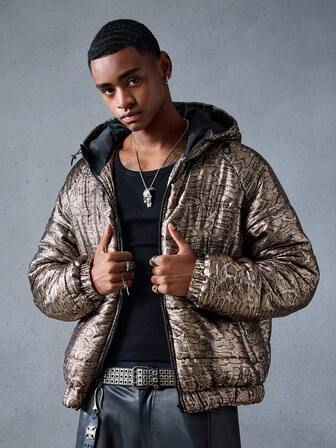 Street Life Giacca invernale casual con cappuccio, chiusura lampo frontale e maniche a raglan con motivo a pelle di serpente, da uomo
