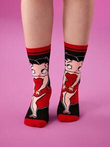 Betty Boop x SHEIN 2 双柔软透气吸湿排汗休闲女士中筒袜，时尚黑白可爱女士中筒袜，加固脚趾和脚跟，经久耐用，四季百搭，夏季冬季 - 彩色 - 查看 6