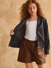 女童休闲简约粗犷黑色 PU 夹克，秋冬 - 黑色 - 查看 6