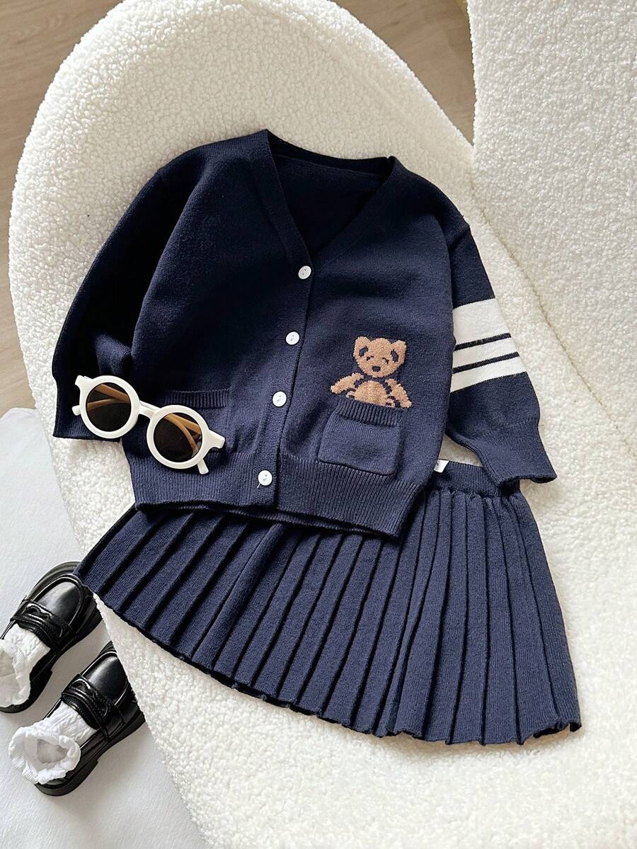 Playful Pals 女嬰復古可愛小熊針織開襟衫與針織裙 2 件套 海軍藍與白色 秋冬套頭上衣 - 藏蓝色 - 查看 1