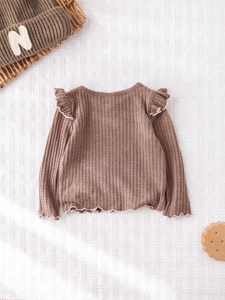 Cozy Pixies Baby Girl Solid Color Soft Knit Crew Neck Long Sleeve Pullover,Coffee Brown,Autumn,Cute,Holiday Ruffle Sleeved Tops Toddler Girl Fall Winter Sweater - Brown - View 2