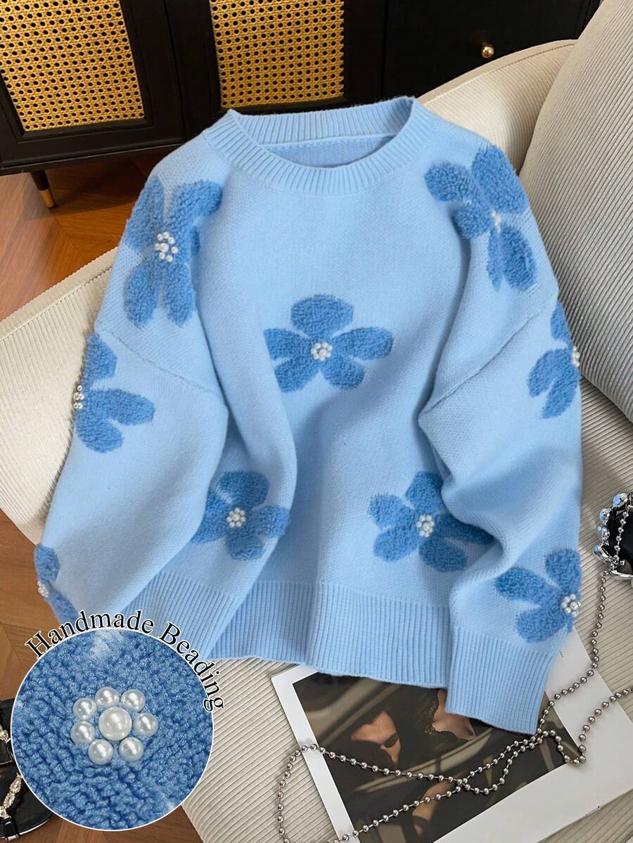 Resyla Casual Pearl Flower Decor Crew Neck Sweater For Women - Blue - View 1