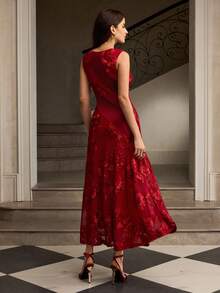 ZEYLAH Váy nhung jacquard chắp vá bất đối xứng, thắt eo thanh lịch, Thu/Đông - Màu Đỏ Sâu - Xem 3