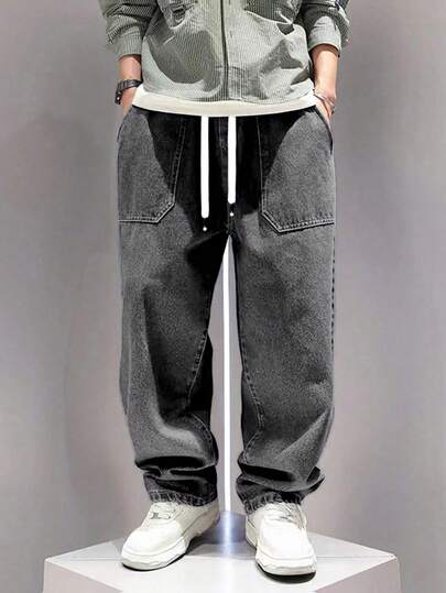 Vintage Inspired Elastic Waist Wide Loose Comfortable Washed Dark  Tapered Jeans For Teen Boys, School, Campus, College Summer Holiday