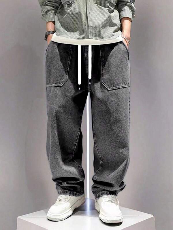 Jeans a vita elastica ampi e morbidi in stile vintage lavati color blu scuro affusolati per ragazzi adolescenti