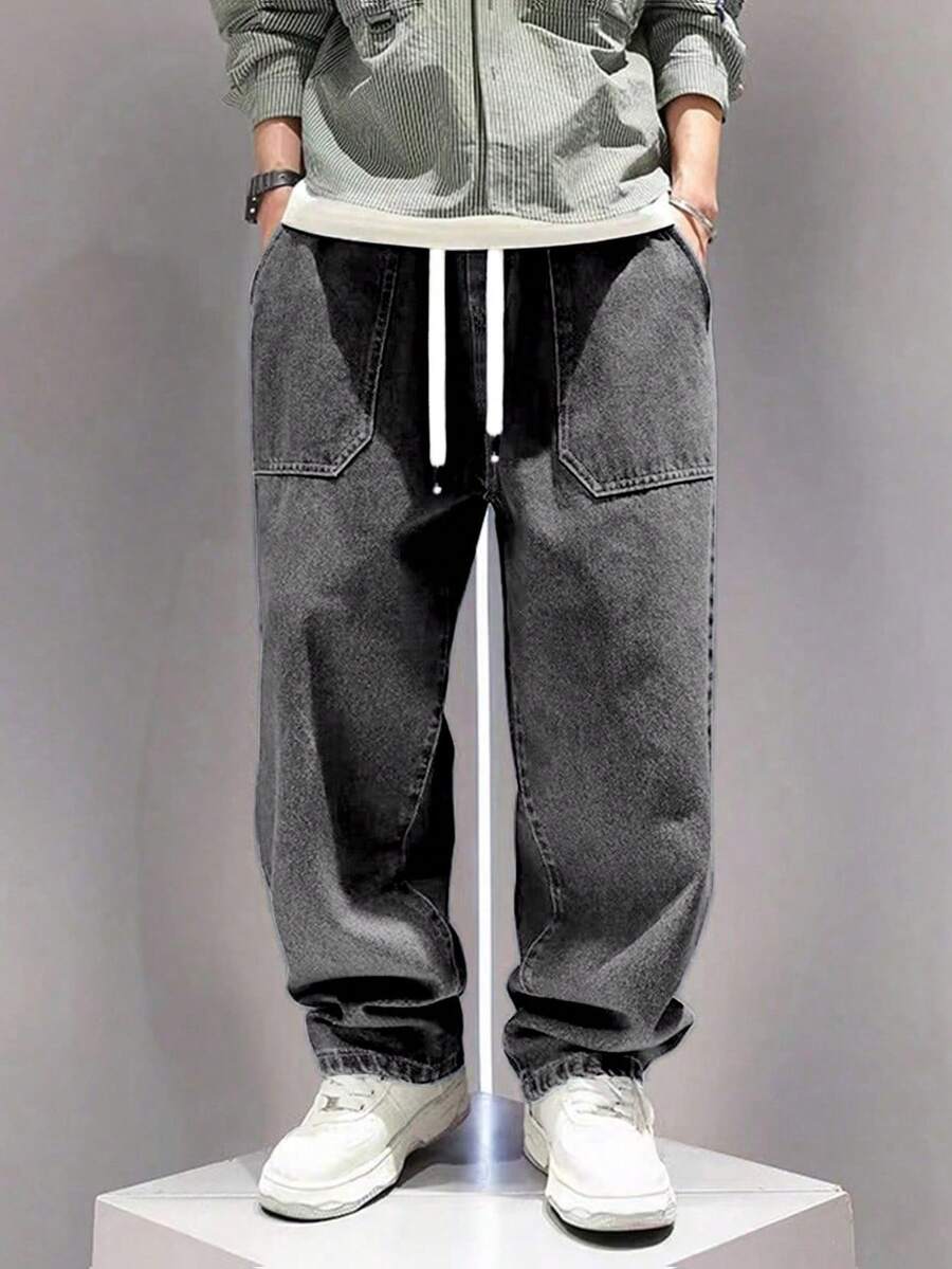 青少年男孩复古风松紧腰宽松舒适洗水深色锥形牛仔裤