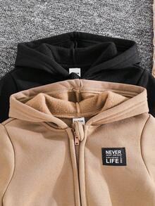 SHEIN 2件装男婴可爱简约字母拼接拉链连帽外套，百搭实用，男女宝宝冬季服装 - 棕色 - 查看 3