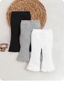 Baby Girl Solid Color Ribbed Ruffle Hem Casual Pants Chic Outfits For Autumn/Winter Fall - Multicolor - View 2
