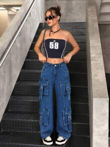 SHEIN 少女撞色缝线黑色牛仔工装裤，宽松版型，低腰，直筒 - 深色水洗藍 - 查看 3