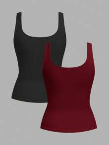 Slaydiva Black & Burgundy Women's Casual Crew Neck Ruched Bodycon Tank Top Set, Versatile For Daily Wear - Multicolor - View 2