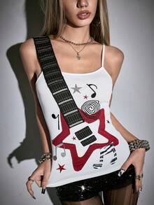 ROMWE Grunge Punk Áo hai dây họa tiết nốt nhạc Rock Bass dễ thương dành cho nữ - trắng - Xem 4