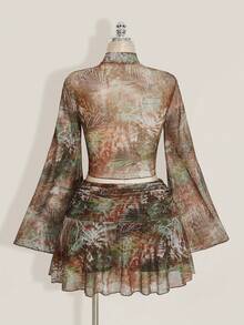 SHEIN ICON 大码女式度假喇叭袖花卉印花上衣，复古花卉印花褶饰腰部开衩 A 字迷你裙套装，适合派对、约会、街头、城市度假、音乐节、秋季海滩 - 彩色 - 查看 2